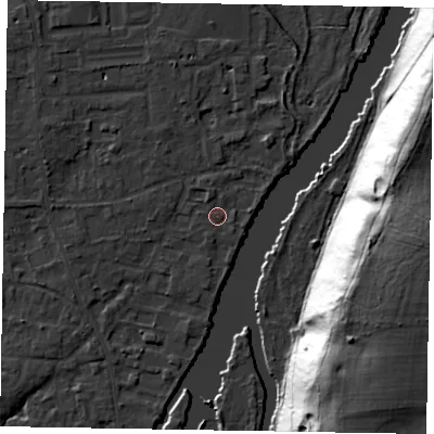 Shaded relief map of the ground around SL68LX, computed from Environment Agency LiDAR. The ground here sits at about 24 m above sea level and falls 45 m across the surrounding 800 m. Surface water reaching this point runs off ground lying to the north-north-west, 1.2 m higher.