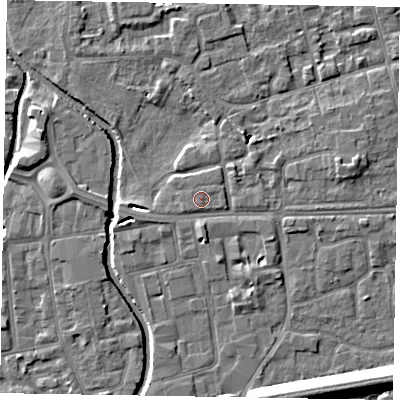 Shaded relief map of the ground around SL68LY, computed from Environment Agency LiDAR. The ground here sits at about 24 m above sea level and falls 13 m across the surrounding 800 m. The ground contributing surface water to this point lies to the north-east.