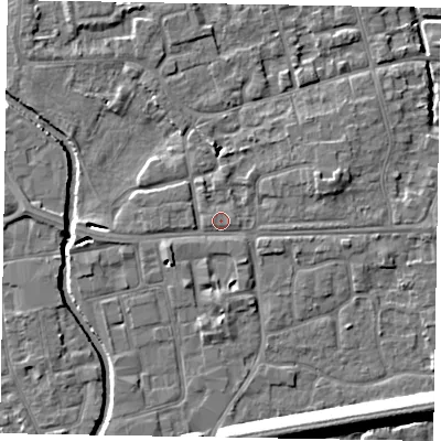 Shaded relief map of the ground around SL68NA, computed from Environment Agency LiDAR. The ground here sits at about 24 m above sea level and falls 13 m across the surrounding 800 m. Surface water reaching this point runs off ground lying to the west-south-west, 1.6 m higher.