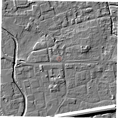 Shaded relief map of the ground around SL68NB, computed from Environment Agency LiDAR. The ground here sits at about 24 m above sea level and falls 13 m across the surrounding 800 m. Surface water reaching this point runs off ground lying to the south-west, 0.7 m higher.