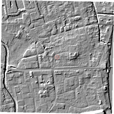 Shaded relief map of the ground around SL68ND, computed from Environment Agency LiDAR. The ground here sits at about 24 m above sea level and falls 12 m across the surrounding 800 m. Surface water reaching this point runs off ground lying to the east-north-east, 2.7 m higher.