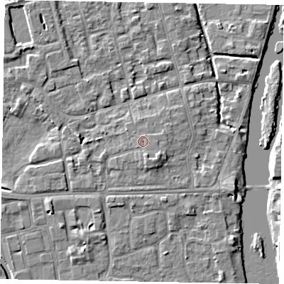 Shaded relief map of the ground around SL68NE, computed from Environment Agency LiDAR. The ground here sits at about 25 m above sea level and falls 5 m across the surrounding 800 m. Surface water reaching this point runs off ground lying to the south-east, 1.4 m higher.