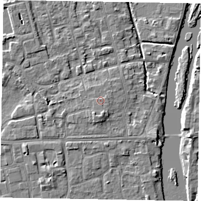 Shaded relief map of the ground around SL68NF, computed from Environment Agency LiDAR. The ground here sits at about 25 m above sea level and falls 5 m across the surrounding 800 m. Surface water reaching this point runs off ground lying to the south, 1.0 m higher.