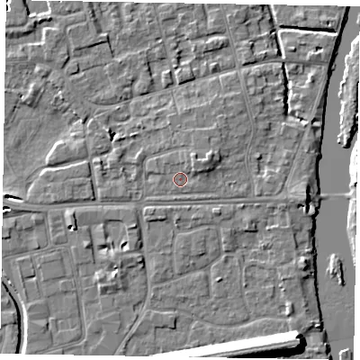 Shaded relief map of the ground around SL68NG, computed from Environment Agency LiDAR. The ground here sits at about 24 m above sea level and falls 13 m across the surrounding 800 m. Surface water reaching this point runs off ground lying to the north-east, 2.1 m higher.