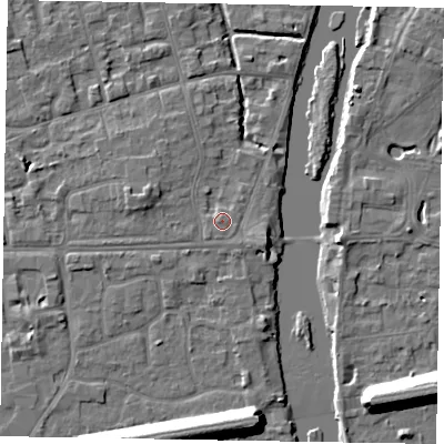 Shaded relief map of the ground around SL68NH, computed from Environment Agency LiDAR. The ground here sits at about 25 m above sea level and falls 13 m across the surrounding 800 m. Surface water reaching this point runs off ground lying to the west, 0.5 m higher.