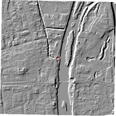 Shaded relief map of the ground around SL68NJ, computed from Environment Agency LiDAR. The ground here sits at about 22 m above sea level and falls 8 m across the surrounding 800 m. Surface water reaching this point runs off ground lying to the south-south-east, 4.8 m higher.