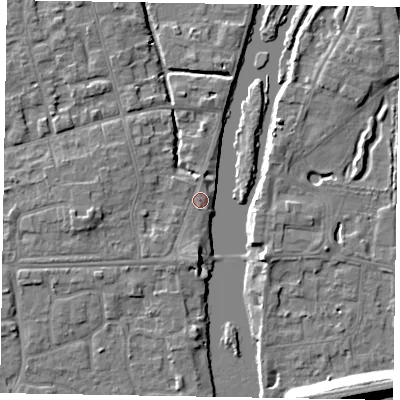 Shaded relief map of the ground around SL68NL, computed from Environment Agency LiDAR. The ground here sits at about 23 m above sea level and falls 12 m across the surrounding 800 m. Surface water reaching this point runs off ground lying to the south, 2.6 m higher.