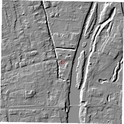 Shaded relief map of the ground around SL68NN, computed from Environment Agency LiDAR. The ground here sits at about 22 m above sea level and falls 5 m across the surrounding 800 m. Surface water reaching this point runs off ground lying to the south-west, 4.9 m higher.