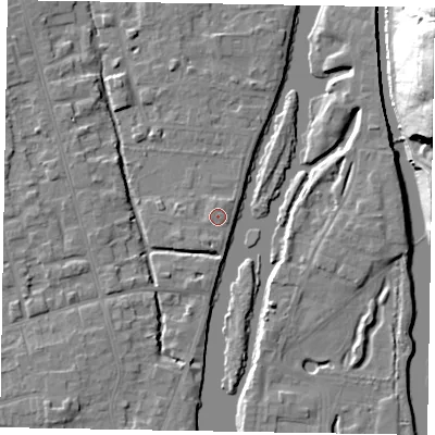 Shaded relief map of the ground around SL68NP, computed from Environment Agency LiDAR. The ground here sits at about 24 m above sea level and falls 36 m across the surrounding 800 m. Surface water reaching this point runs off ground lying to the north-north-east, 1.0 m higher.