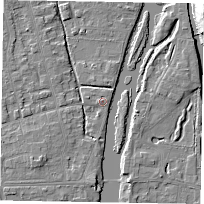 Shaded relief map of the ground around SL68NR, computed from Environment Agency LiDAR. The ground here sits at about 24 m above sea level and falls 23 m across the surrounding 800 m. Surface water reaching this point runs off ground lying to the south-west, 4.9 m higher.