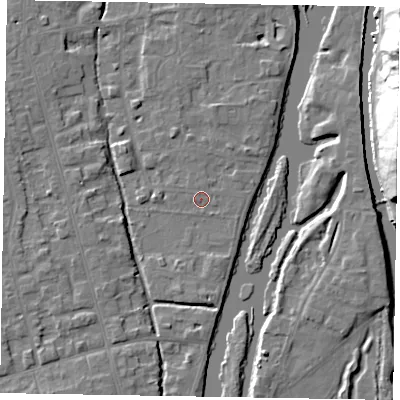 Shaded relief map of the ground around SL68NS, computed from Environment Agency LiDAR. The ground here sits at about 24 m above sea level and falls 27 m across the surrounding 800 m. Surface water reaching this point runs off ground lying to the north-north-east, 0.7 m higher.