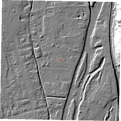 Shaded relief map of the ground around SL68NT, computed from Environment Agency LiDAR. The ground here sits at about 24 m above sea level and falls 26 m across the surrounding 800 m. Surface water reaching this point runs off ground lying to the east-north-east, 0.7 m higher.