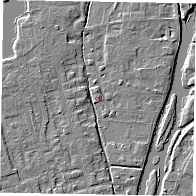 Shaded relief map of the ground around SL68NU, computed from Environment Agency LiDAR. The ground here sits at about 24 m above sea level and falls 5 m across the surrounding 800 m. Surface water reaching this point runs off ground lying to the south-west, 3.1 m higher.