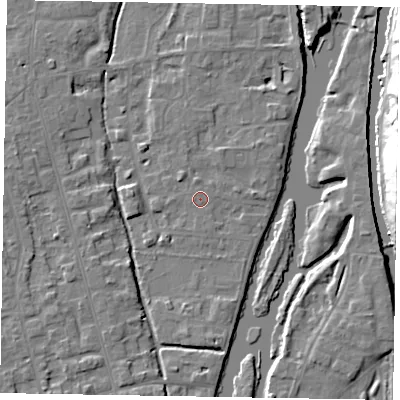 Shaded relief map of the ground around SL68NX, computed from Environment Agency LiDAR. The ground here sits at about 24 m above sea level and falls 19 m across the surrounding 800 m. The ground contributing surface water to this point lies to the south-east.