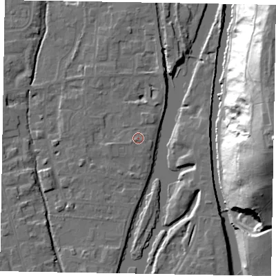 Shaded relief map of the ground around SL68NY, computed from Environment Agency LiDAR. The ground here sits at about 24 m above sea level and falls 47 m across the surrounding 800 m. Surface water reaching this point runs off ground lying to the south-west, 0.9 m higher.