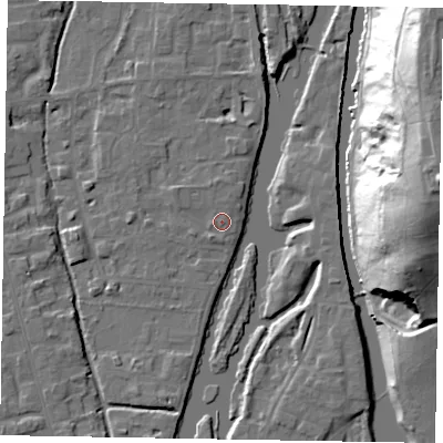 Shaded relief map of the ground around SL68NZ, computed from Environment Agency LiDAR. The ground here sits at about 24 m above sea level and falls 48 m across the surrounding 800 m. Surface water reaching this point runs off ground lying to the south-west, 1.3 m higher.