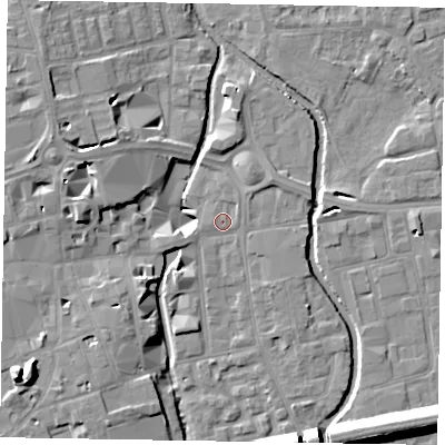 Shaded relief map of the ground around SL68PA, computed from Environment Agency LiDAR. The ground here sits at about 24 m above sea level and falls 15 m across the surrounding 800 m. Surface water reaching this point runs off ground lying to the west-south-west, 1.6 m higher.