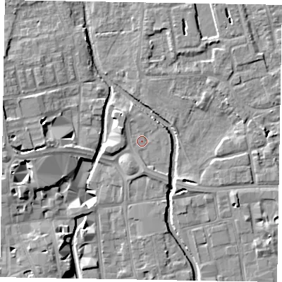 Shaded relief map of the ground around SL68PB, computed from Environment Agency LiDAR. The ground here sits at about 24 m above sea level and falls 11 m across the surrounding 800 m. Surface water reaching this point runs off ground lying to the north-west, 1.5 m higher.