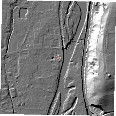 Shaded relief map of the ground around SL68PD, computed from Environment Agency LiDAR. The ground here sits at about 23 m above sea level and falls 48 m across the surrounding 800 m. Surface water reaching this point runs off ground lying to the south-south-east, 3.2 m higher.