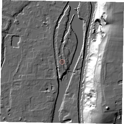 Shaded relief map of the ground around SL68PE, computed from Environment Agency LiDAR. The ground here sits at about 24 m above sea level and falls 48 m across the surrounding 800 m. Surface water reaching this point runs off ground lying to the south-south-west, 1.6 m higher.