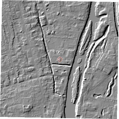 Shaded relief map of the ground around SL68PF, computed from Environment Agency LiDAR. The ground here sits at about 24 m above sea level and falls 6 m across the surrounding 800 m. Surface water reaching this point runs off ground lying to the south-south-east, 1.2 m higher.