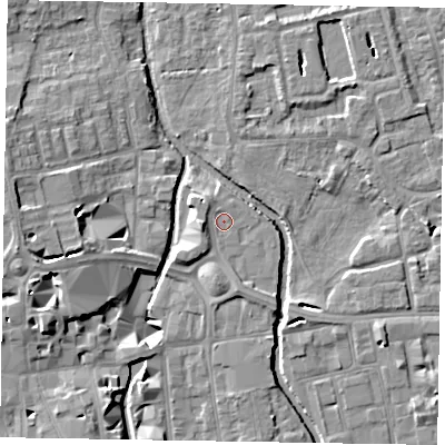 Shaded relief map of the ground around SL68PG, computed from Environment Agency LiDAR. The ground here sits at about 24 m above sea level and falls 11 m across the surrounding 800 m. Surface water reaching this point runs off ground lying to the west-north-west, 1.3 m higher.