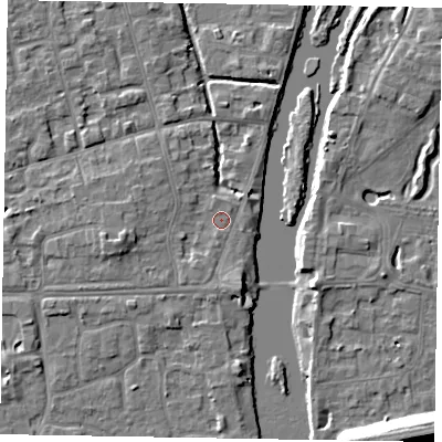 Shaded relief map of the ground around SL68PJ, computed from Environment Agency LiDAR. The ground here sits at about 23 m above sea level and falls 12 m across the surrounding 800 m. Surface water reaching this point runs off ground lying to the south-south-east, 2.5 m higher.