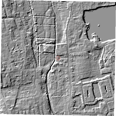 Shaded relief map of the ground around SL68PL, computed from Environment Agency LiDAR. The ground here sits at about 24 m above sea level and falls 8 m across the surrounding 800 m. Surface water reaching this point runs off ground lying to the north-west, 5.4 m higher.
