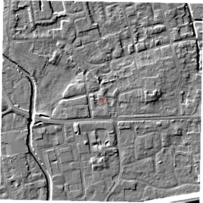 Shaded relief map of the ground around SL68PN, computed from Environment Agency LiDAR. The ground here sits at about 24 m above sea level and falls 13 m across the surrounding 800 m. Surface water reaching this point runs off ground lying to the west, 1.0 m higher.