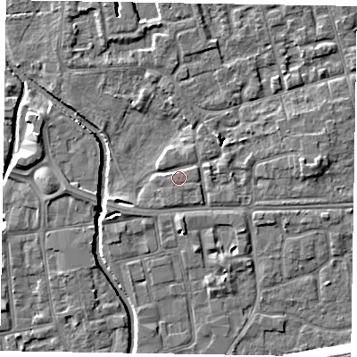 Shaded relief map of the ground around SL68PP, computed from Environment Agency LiDAR. The ground here sits at about 24 m above sea level and falls 13 m across the surrounding 800 m. Surface water reaching this point runs off ground lying to the south, 1.9 m higher.