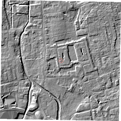 Shaded relief map of the ground around SL68PQ, computed from Environment Agency LiDAR. The ground here sits at about 25 m above sea level and falls 7 m across the surrounding 800 m. Surface water reaching this point runs off ground lying to the north-north-east, 3.5 m higher.
