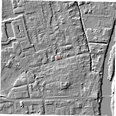 Shaded relief map of the ground around SL68PR, computed from Environment Agency LiDAR. The ground here sits at about 24 m above sea level and falls 5 m across the surrounding 800 m. Surface water reaching this point runs off ground lying to the south-south-east, 3.9 m higher.