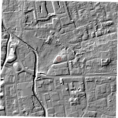 Shaded relief map of the ground around SL68PS, computed from Environment Agency LiDAR. The ground here sits at about 24 m above sea level and falls 7 m across the surrounding 800 m. Surface water reaching this point runs off ground lying to the south, 2.3 m higher.