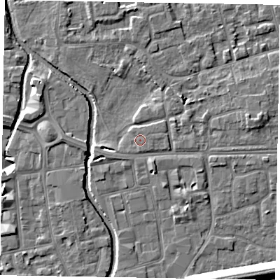 Shaded relief map of the ground around SL68PT, computed from Environment Agency LiDAR. The ground here sits at about 24 m above sea level and falls 15 m across the surrounding 800 m. Surface water reaching this point runs off ground lying to the east-south-east, 0.7 m higher.