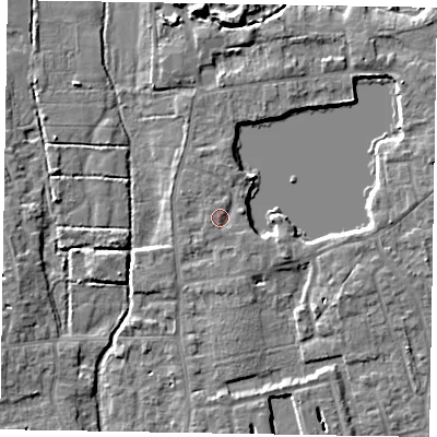Shaded relief map of the ground around SL68PU, computed from Environment Agency LiDAR. The ground here sits at about 25 m above sea level and falls 7 m across the surrounding 800 m. Surface water reaching this point runs off ground lying to the north, 1.2 m higher.