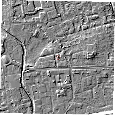 Shaded relief map of the ground around SL68PW, computed from Environment Agency LiDAR. The ground here sits at about 25 m above sea level and falls 12 m across the surrounding 800 m. Surface water reaching this point runs off ground lying to the south-south-west, 1.7 m higher.