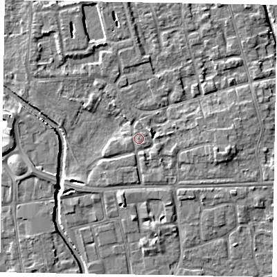 Shaded relief map of the ground around SL68PX, computed from Environment Agency LiDAR. The ground here sits at about 24 m above sea level and falls 5 m across the surrounding 800 m. Surface water reaching this point runs off ground lying to the west-south-west, 0.8 m higher.