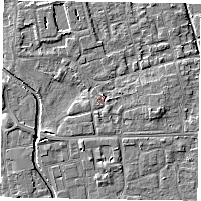 Shaded relief map of the ground around SL68PY, computed from Environment Agency LiDAR. The ground here sits at about 24 m above sea level and falls 5 m across the surrounding 800 m. Surface water reaching this point runs off ground lying to the north-north-east, 3.5 m higher.