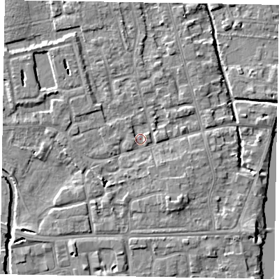 Shaded relief map of the ground around SL68PZ, computed from Environment Agency LiDAR. The ground here sits at about 23 m above sea level and falls 5 m across the surrounding 800 m. Surface water reaching this point runs off ground lying to the south-south-east, 3.9 m higher.