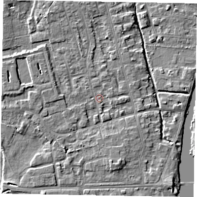Shaded relief map of the ground around SL68QA, computed from Environment Agency LiDAR. The ground here sits at about 24 m above sea level and falls 5 m across the surrounding 800 m. Surface water reaching this point runs off ground lying to the south-south-east, 1.7 m higher.