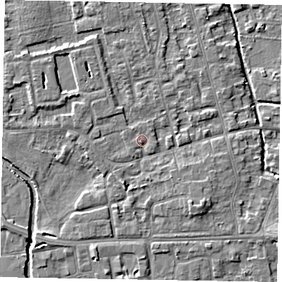 Shaded relief map of the ground around SL68QB, computed from Environment Agency LiDAR. The ground here sits at about 24 m above sea level and falls 5 m across the surrounding 800 m. Surface water reaching this point runs off ground lying to the south-east, 3.9 m higher.