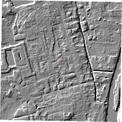 Shaded relief map of the ground around SL68QD, computed from Environment Agency LiDAR. The ground here sits at about 24 m above sea level and falls 5 m across the surrounding 800 m. Surface water reaching this point runs off ground lying to the north-north-west, 0.8 m higher.