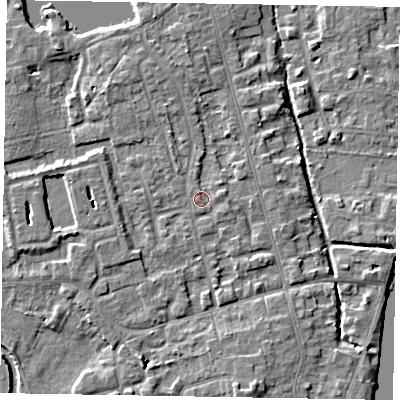Shaded relief map of the ground around SL68QE, computed from Environment Agency LiDAR. The ground here sits at about 24 m above sea level and falls 5 m across the surrounding 800 m. Surface water reaching this point runs off ground lying to the north-west, 1.8 m higher.