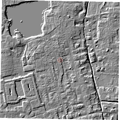 Shaded relief map of the ground around SL68QF, computed from Environment Agency LiDAR. The ground here sits at about 24 m above sea level and falls 4 m across the surrounding 800 m. Surface water reaching this point runs off ground lying to the north, 2.0 m higher.