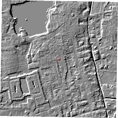 Shaded relief map of the ground around SL68QG, computed from Environment Agency LiDAR. The ground here sits at about 25 m above sea level and falls 4 m across the surrounding 800 m. Surface water reaching this point runs off ground lying to the north-west, 1.3 m higher.