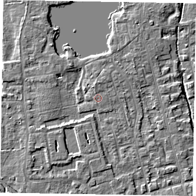 Shaded relief map of the ground around SL68QH, computed from Environment Agency LiDAR. The ground here sits at about 25 m above sea level and falls 4 m across the surrounding 800 m. Surface water reaching this point runs off ground lying to the north-north-west, 0.9 m higher.