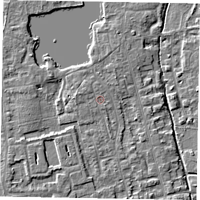 Shaded relief map of the ground around SL68QJ, computed from Environment Agency LiDAR. The ground here sits at about 25 m above sea level and falls 4 m across the surrounding 800 m. Surface water reaching this point runs off ground lying to the north-west, 1.0 m higher.