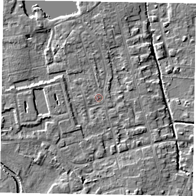 Shaded relief map of the ground around SL68QL, computed from Environment Agency LiDAR. The ground here sits at about 24 m above sea level and falls 5 m across the surrounding 800 m. Surface water reaching this point runs off ground lying to the north-north-west, 2.1 m higher.