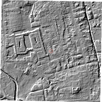 Shaded relief map of the ground around SL68QN, computed from Environment Agency LiDAR. The ground here sits at about 24 m above sea level and falls 5 m across the surrounding 800 m. Surface water reaching this point runs off ground lying to the north-north-west, 3.9 m higher.