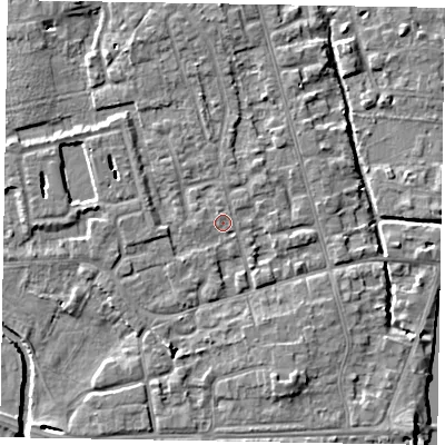 Shaded relief map of the ground around SL68QP, computed from Environment Agency LiDAR. The ground here sits at about 24 m above sea level and falls 5 m across the surrounding 800 m. The ground contributing surface water to this point lies to the north-north-west.